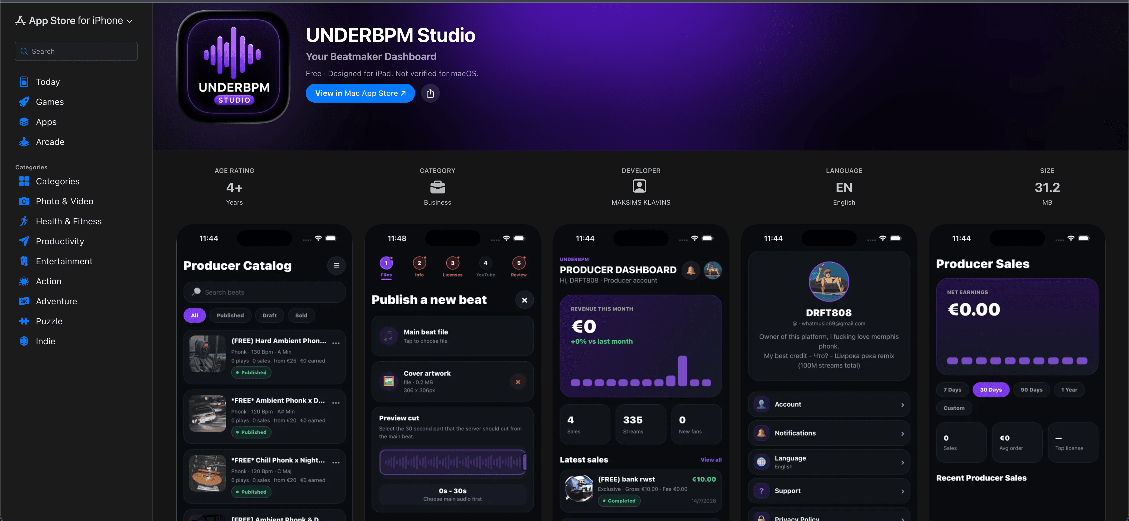 UNDERBPM Studio App Store page with iPhone screens for the beat catalog, uploads, statistics, profile and sales.