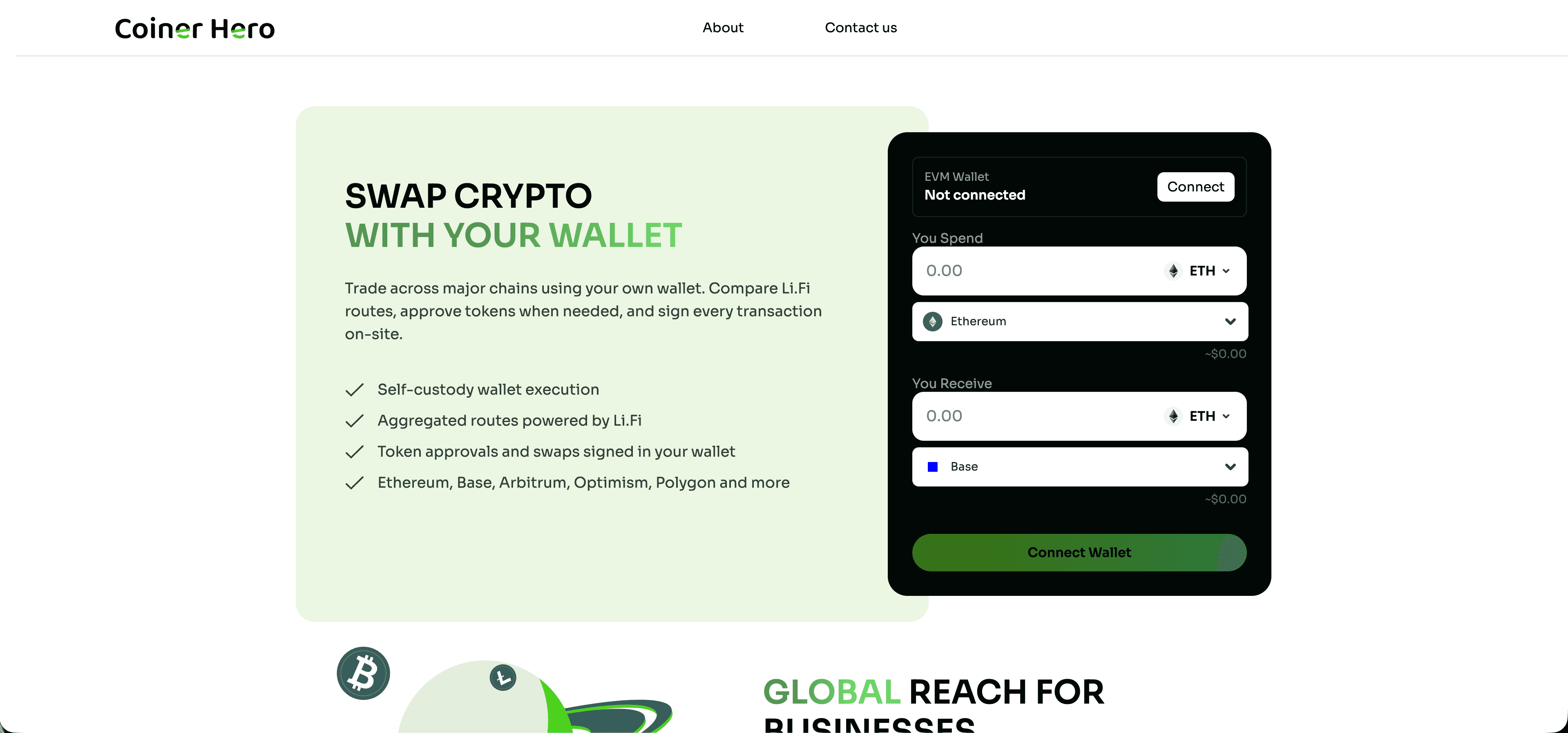 Coiner Hero cross-chain swap interface with wallet connection, asset selection and source and destination networks.