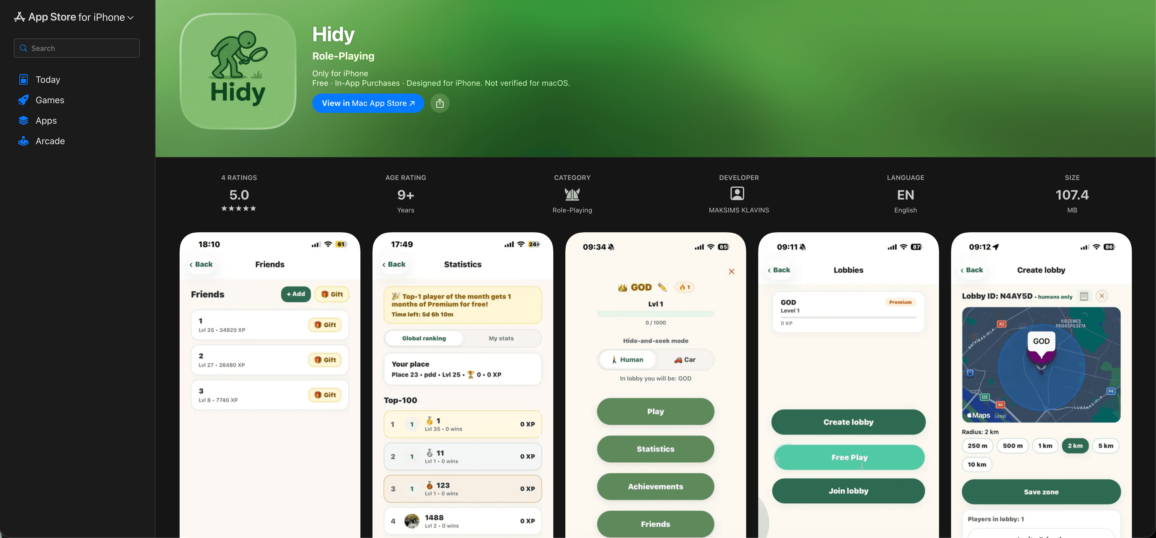 HIDY App Store page and mobile game screens showing friends, rankings, player role, lobby and map zone selection.