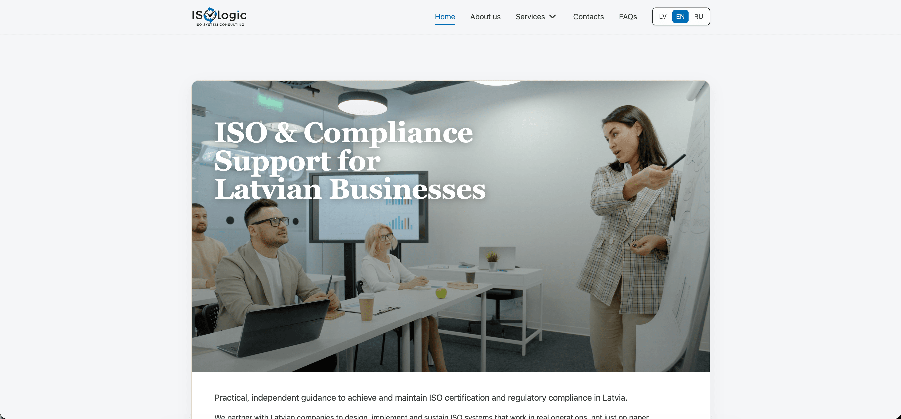 ISOLogic company website showing ISO and compliance services for Latvian businesses.
