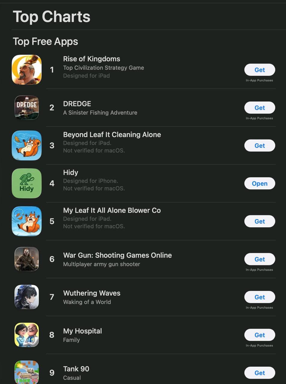 App Store Top Free Apps chart showing HIDY in fourth place.