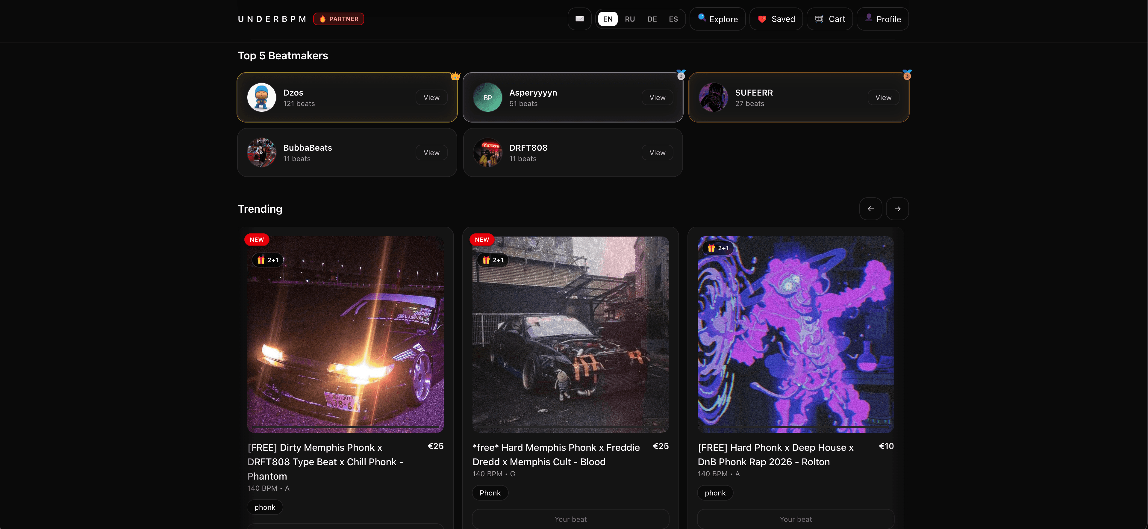 UNDERBPM marketplace interface showing top beatmakers and trending beats available for purchase.