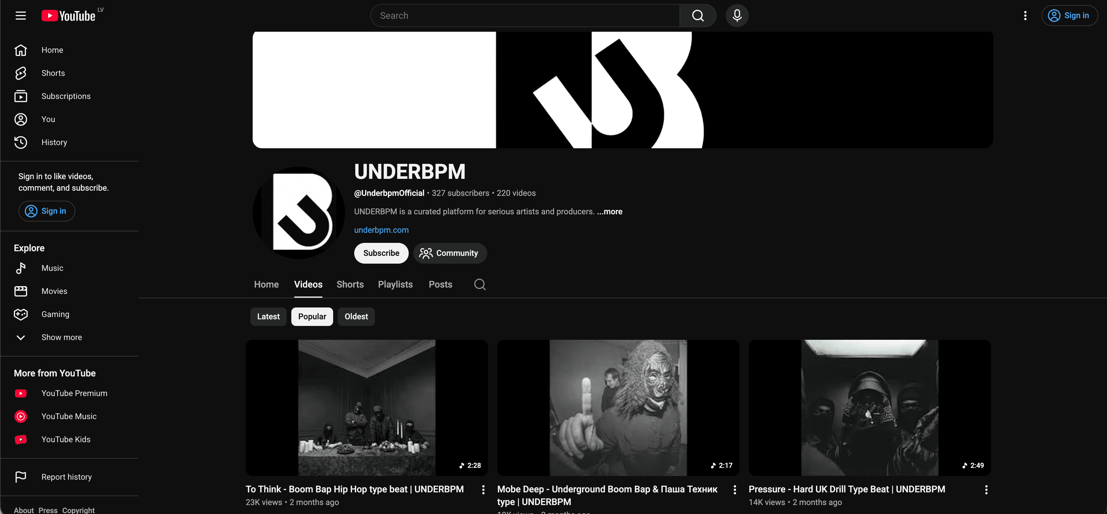 UNDERBPM YouTube channel showing videos published from the marketplace creator workflow.