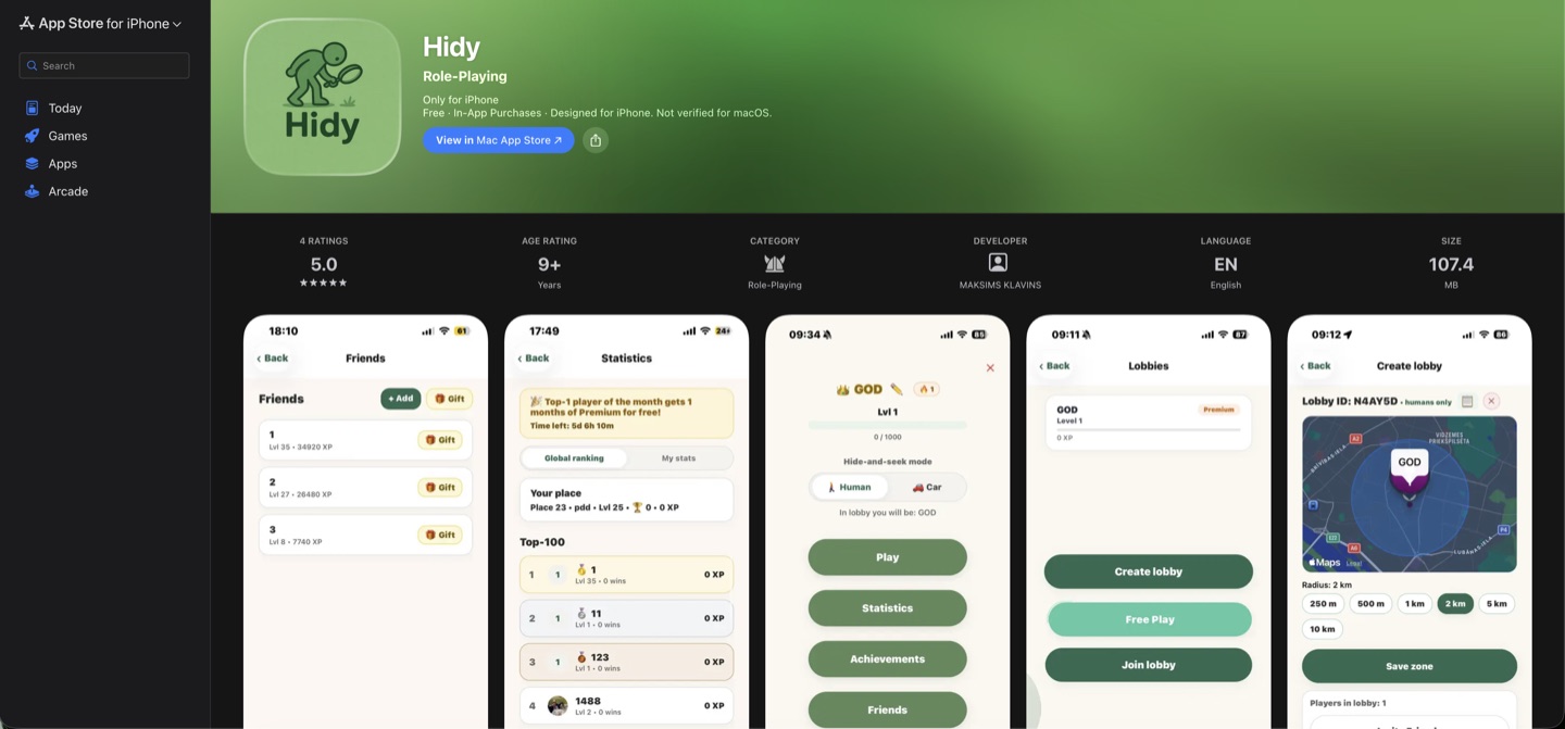 HIDY mobile product interface with social, ranking, lobby and location-based game screens.