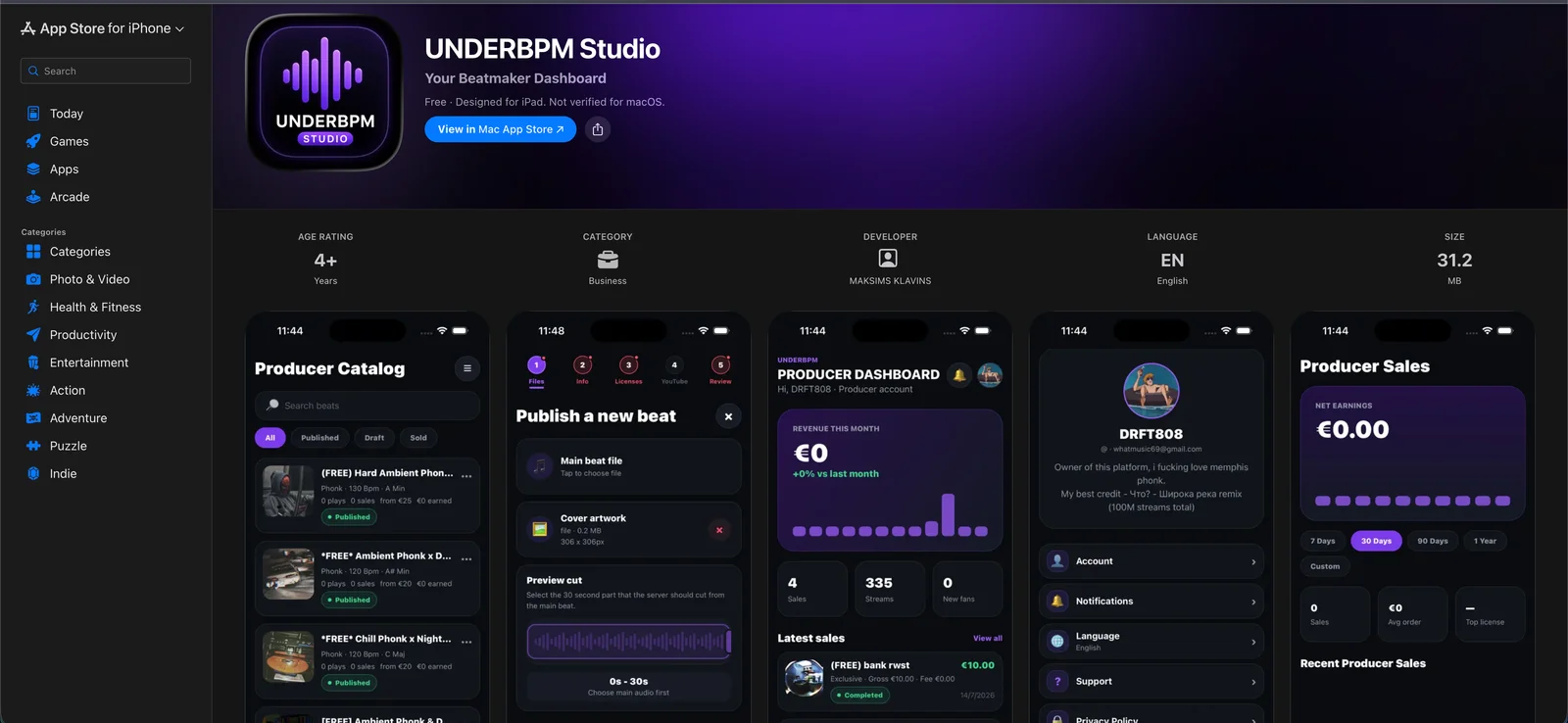 UNDERBPM Studio with iPhone screens for the beat catalog, uploads, statistics and sales.